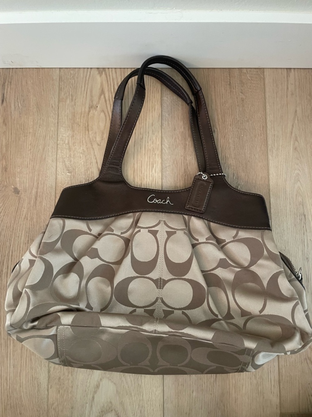 Coach Monogram Canvas Shoulder Tote in Brown and Tan